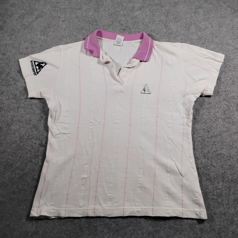 Vintage Le Coq Sportif Polo Shirt Women's Medium White Pink Stripe Made in USA